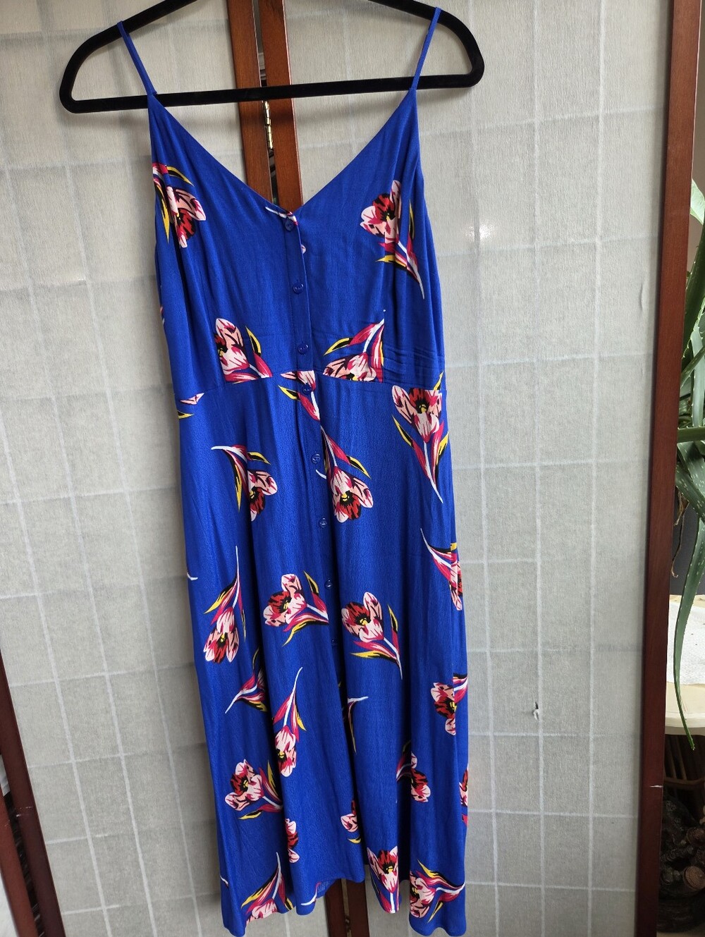 Express Royal Blue Floral Midi Dress Medium Boho Summer Sun Dress V-Neck
